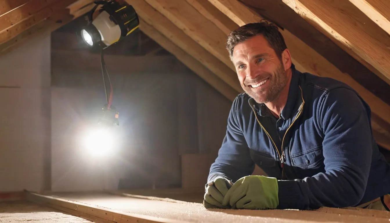 A friendly pest control provider inspecting an attic in a stucco ranch home in Richmond